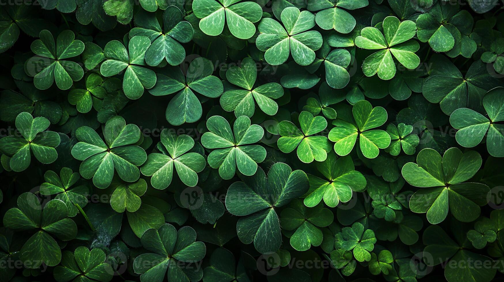 Vibrant and lush green clovers blanket the earth in a serene natural landscape, illuminated by the gentle warmth of daylight photo