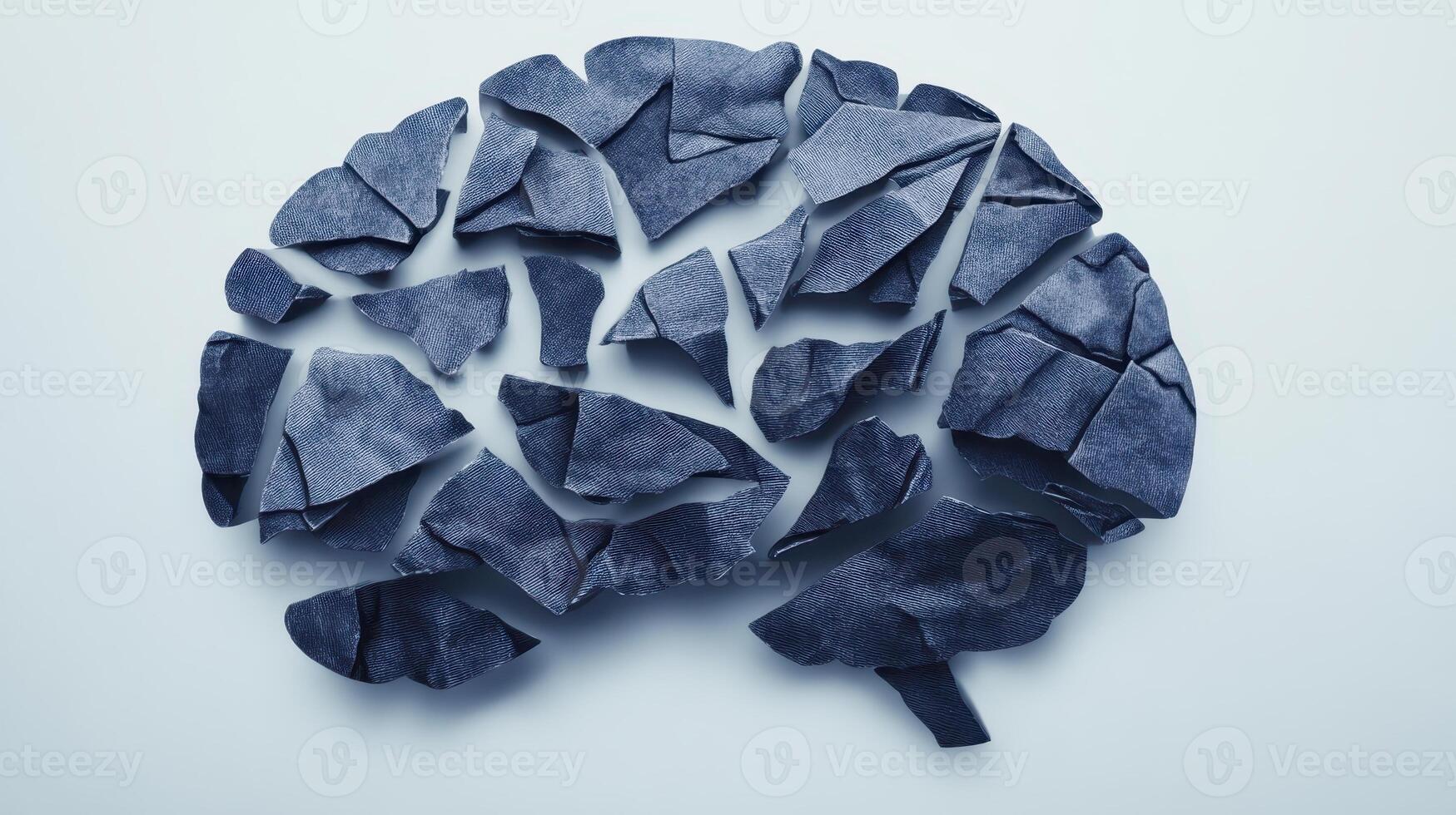 Creative representation of a fragmented brain made from denim fabric arranged on a light background illustrating the theme of mental health and creativity photo