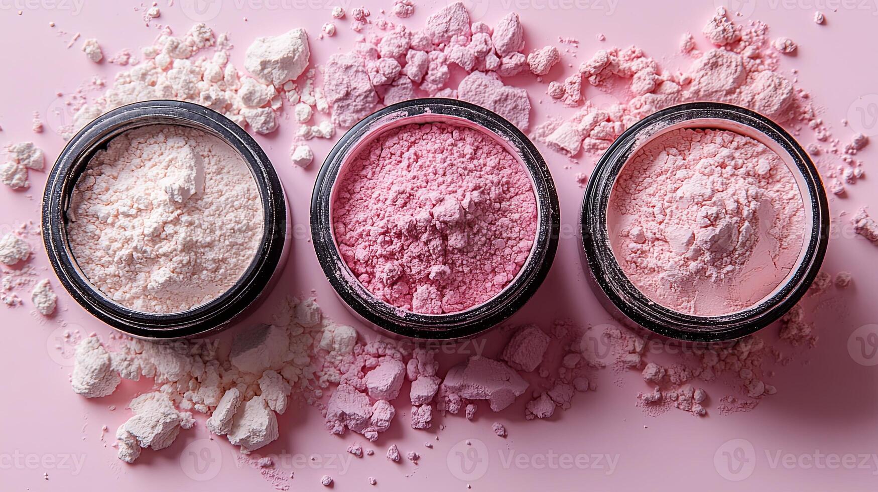 Colorful makeup powders scattered on a pink surface with three open containers showcasing the different shades and textures photo