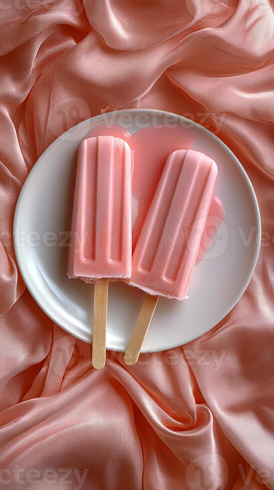 Two pink popsicles resting on a white plate atop soft, draped pink fabric creating a visually appealing and refreshing dessert display photo