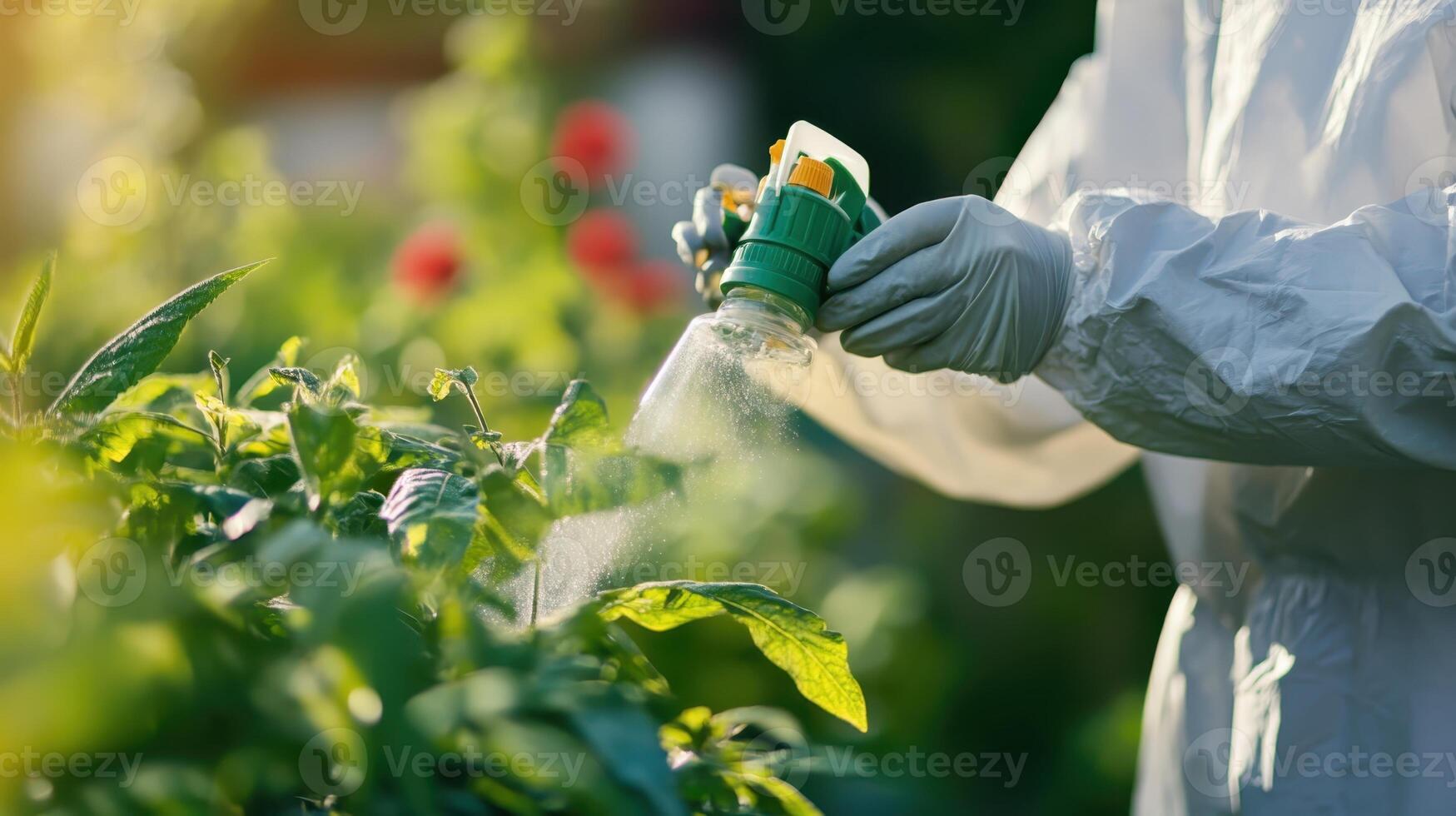 Nurturing my garden plants with a gentle pesticide spray amidst the breathtaking hues of golden hour, surrounded by a lively outdoor atmosphere photo