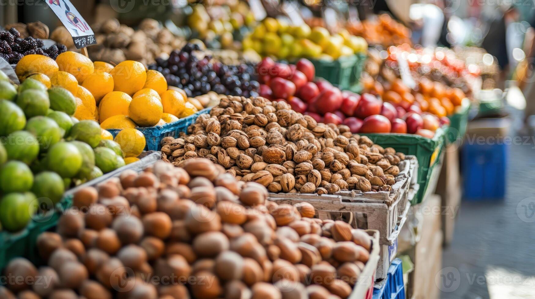 Colorful display of fresh fruits and nuts at an outdoor market during a sunny day in a vibrant city photo
