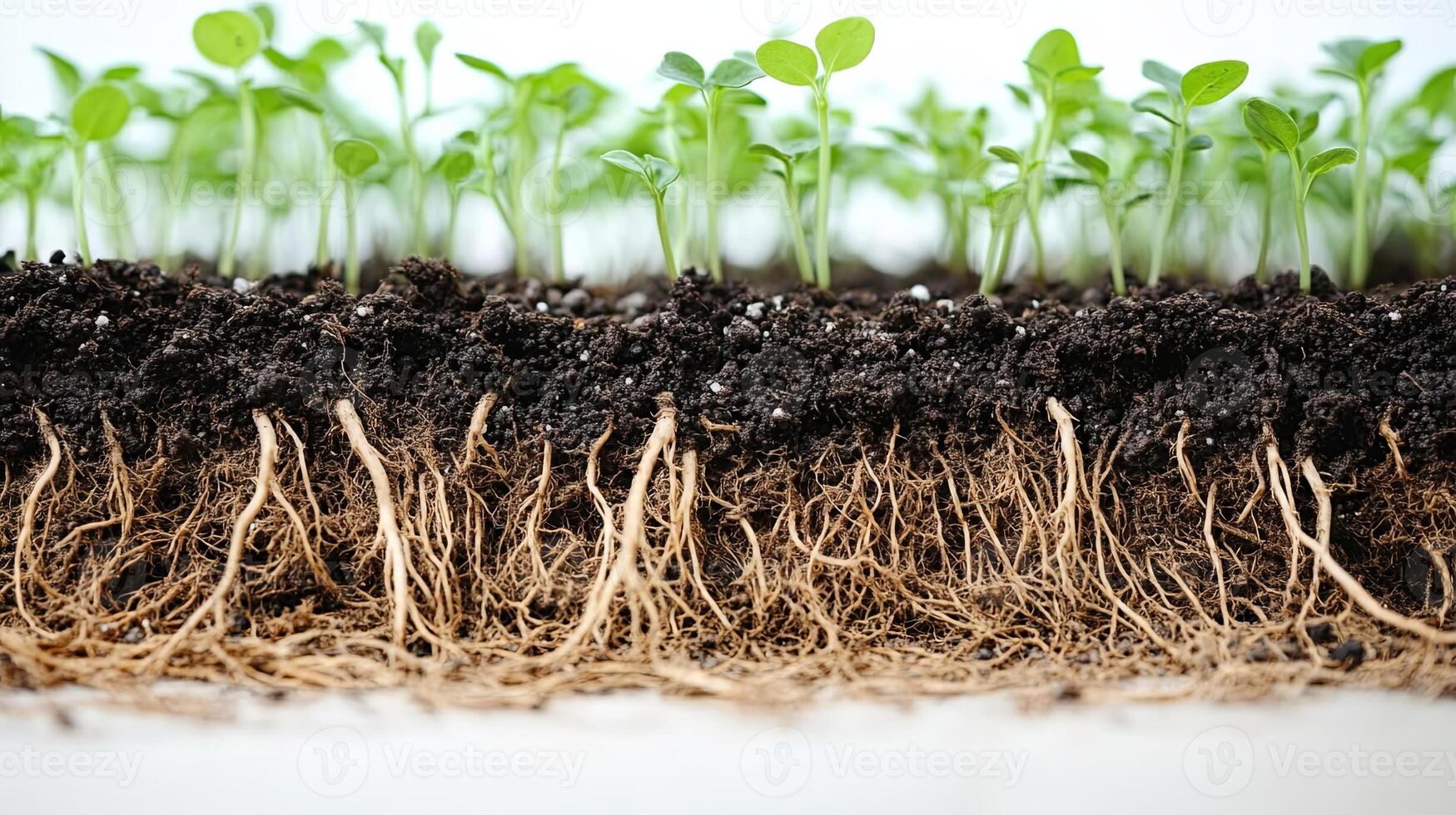 A detailed close up perspective showcases vibrant healthy plant roots thriving within nutrient rich soil illuminated by bright light photo