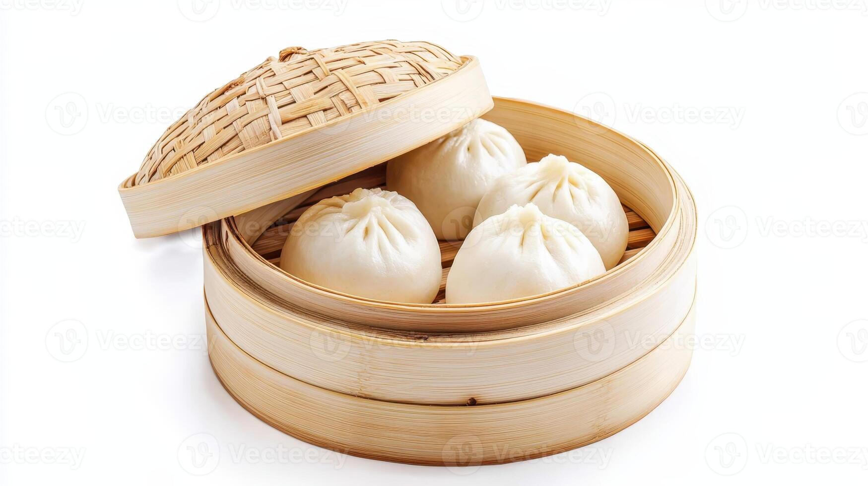 Enjoy an enticing selection of delicious steamed dumplings, artfully arranged and served in a traditional bamboo basket, awaiting your delight at a cozy dim sum restaurant photo