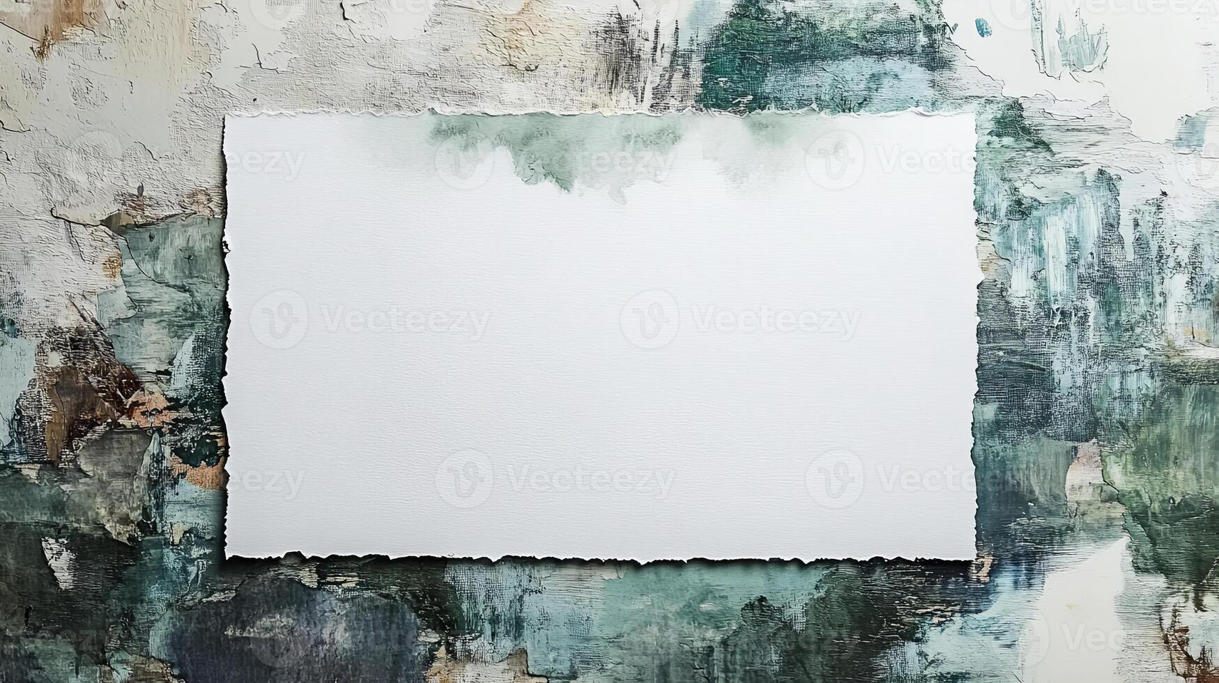 Blank canvas resting on an abstract backdrop with textured layers of green and beige tones, inspiring creativity and artistic expression in a serene environment photo