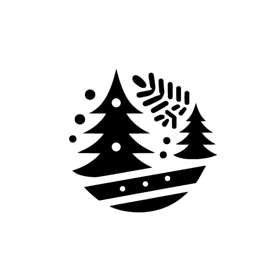 Minimalist winter scene a black and white circular composition featuring pine trees, snowflakes, and snowfall, evoking a festive, abstract aesthetic. vector