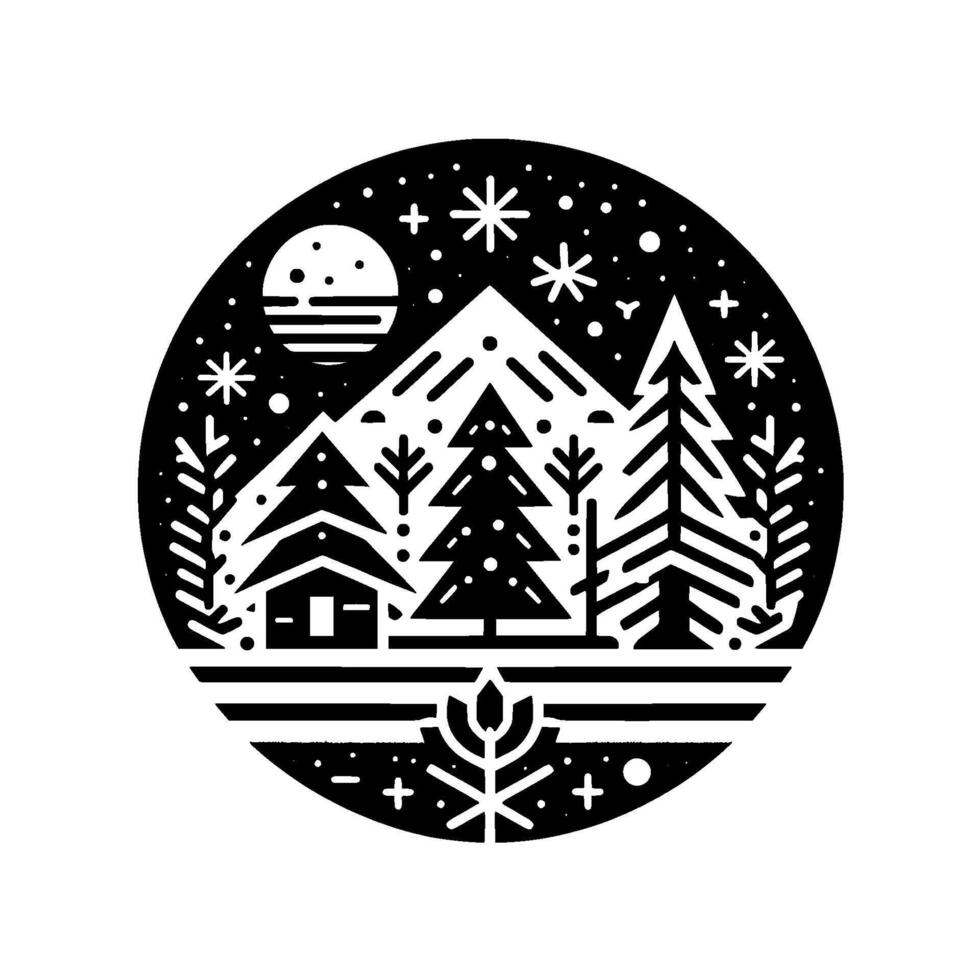 A whimsical, monochromatic winter scene inside a circular frame, featuring a cozy cabin nestled among stylized pine trees, snow, and a moon, invoking a sense of peace and tranquility. vector