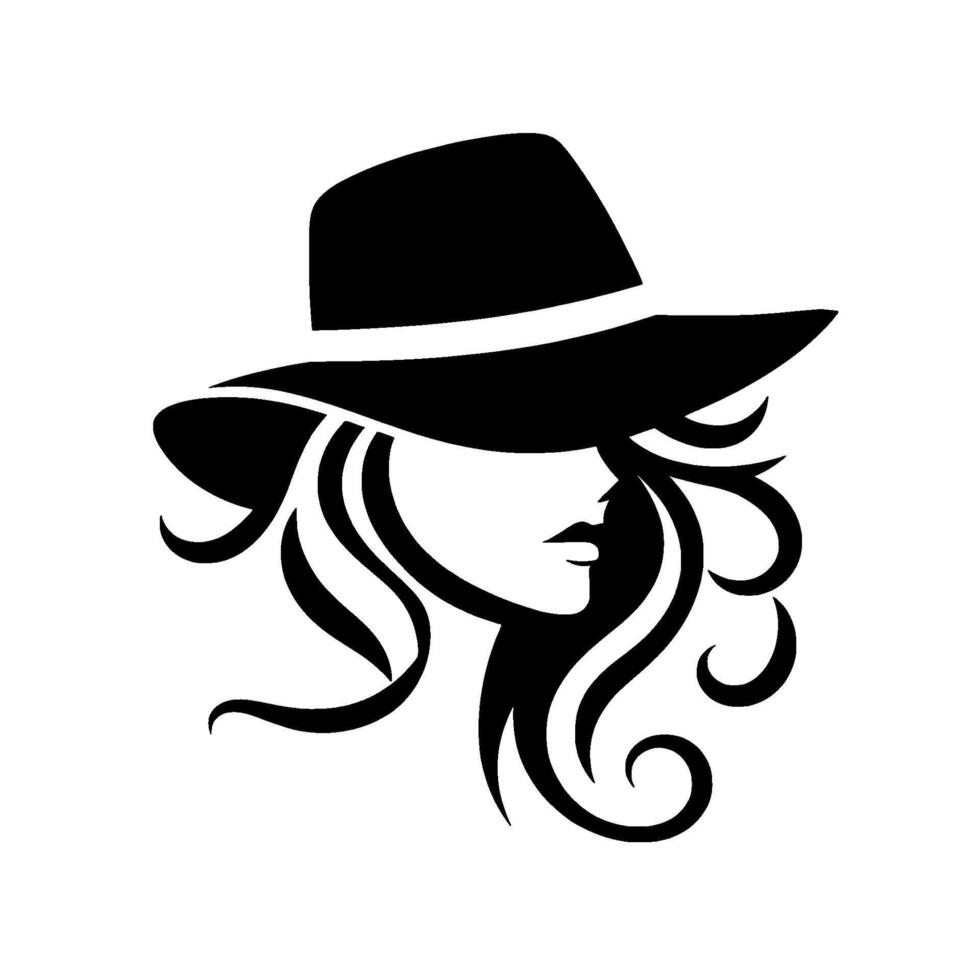 Silhouette of a stylish woman in a fedora hat, with elegant flowing hair, rendered in bold black and white against a pristine white backdrop. vector