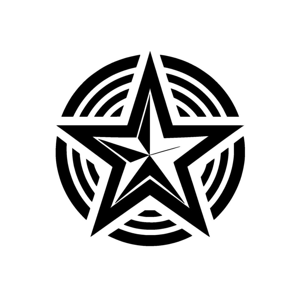 Bold black starburst emblem centered on white, enclosed by concentric circular radiating arcs, minimalist design. vector