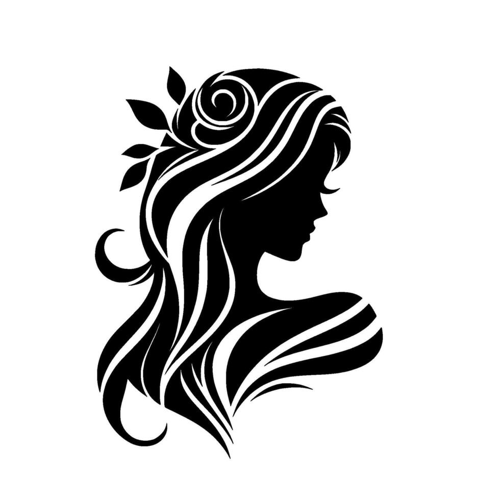 Elegant silhouette a womans profile rendered in stark black and white, featuring stylized hair, floral accents, and flowing lines for a sophisticated aesthetic. vector