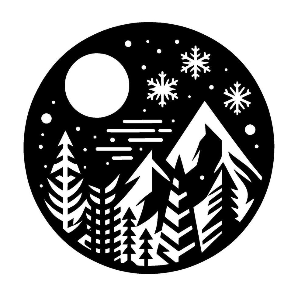 A circular, minimalist winter landscape silhouette, featuring snowy mountains, pine trees, snowflakes, a full moon, and dotline effects for a stylized nighttime scene. vector