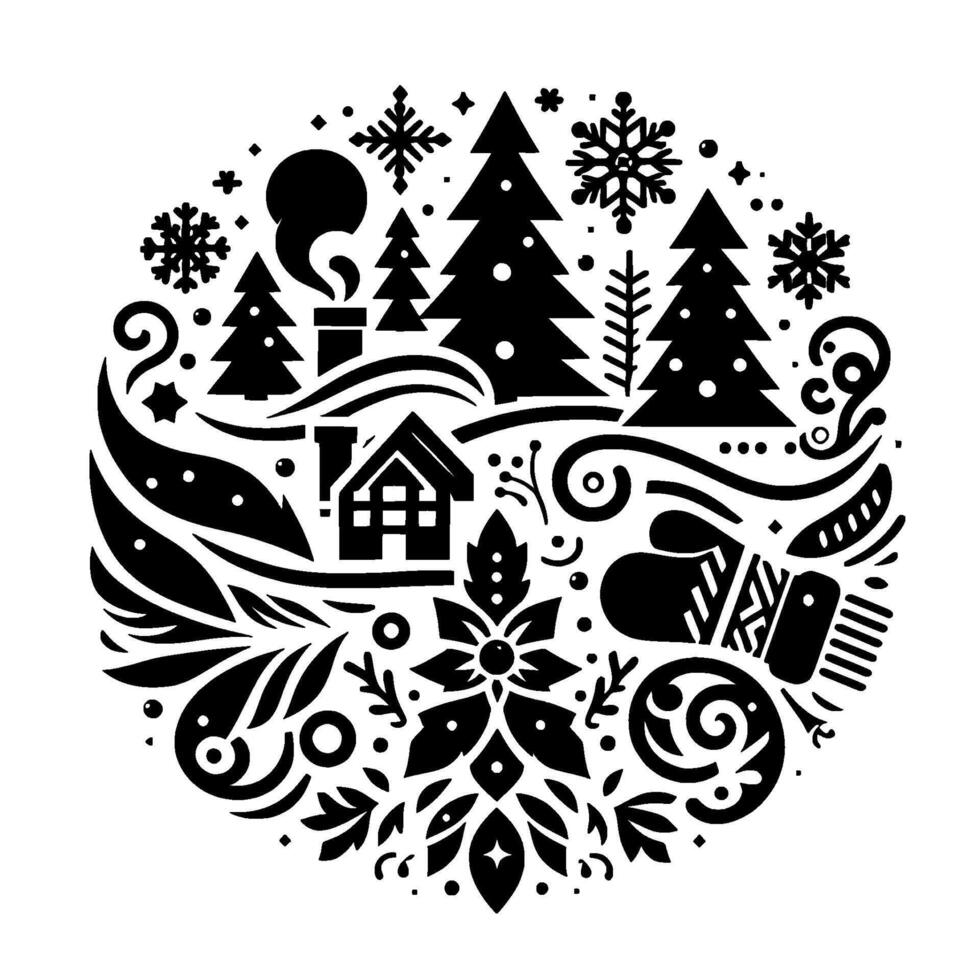 A circular, black and white winter wonderland composition house, trees, snowflake, and festive elements. a stylized illustration of christmas and holiday cheer. vector