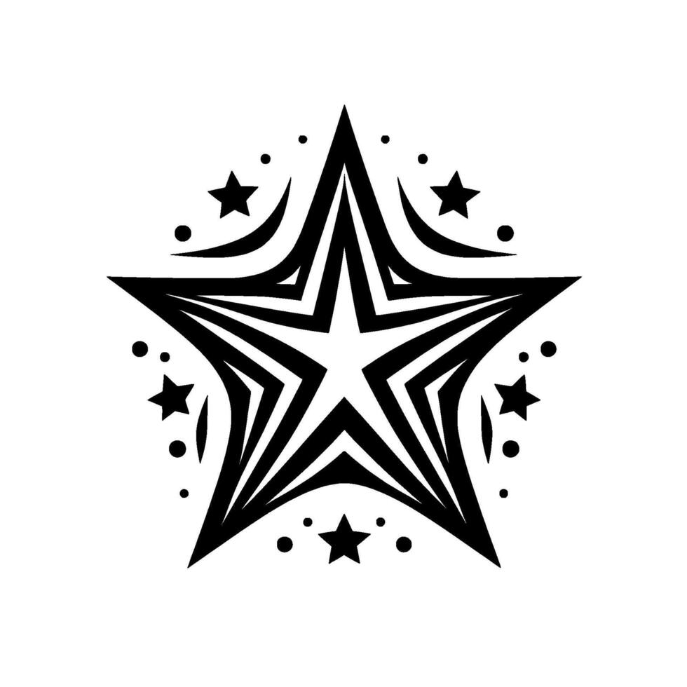 A striking black and white illustration showcasing a stylized, multilayered star graphic, encompassed by smaller stars and dynamic arcshaped accents, set against a pristine white background. vector