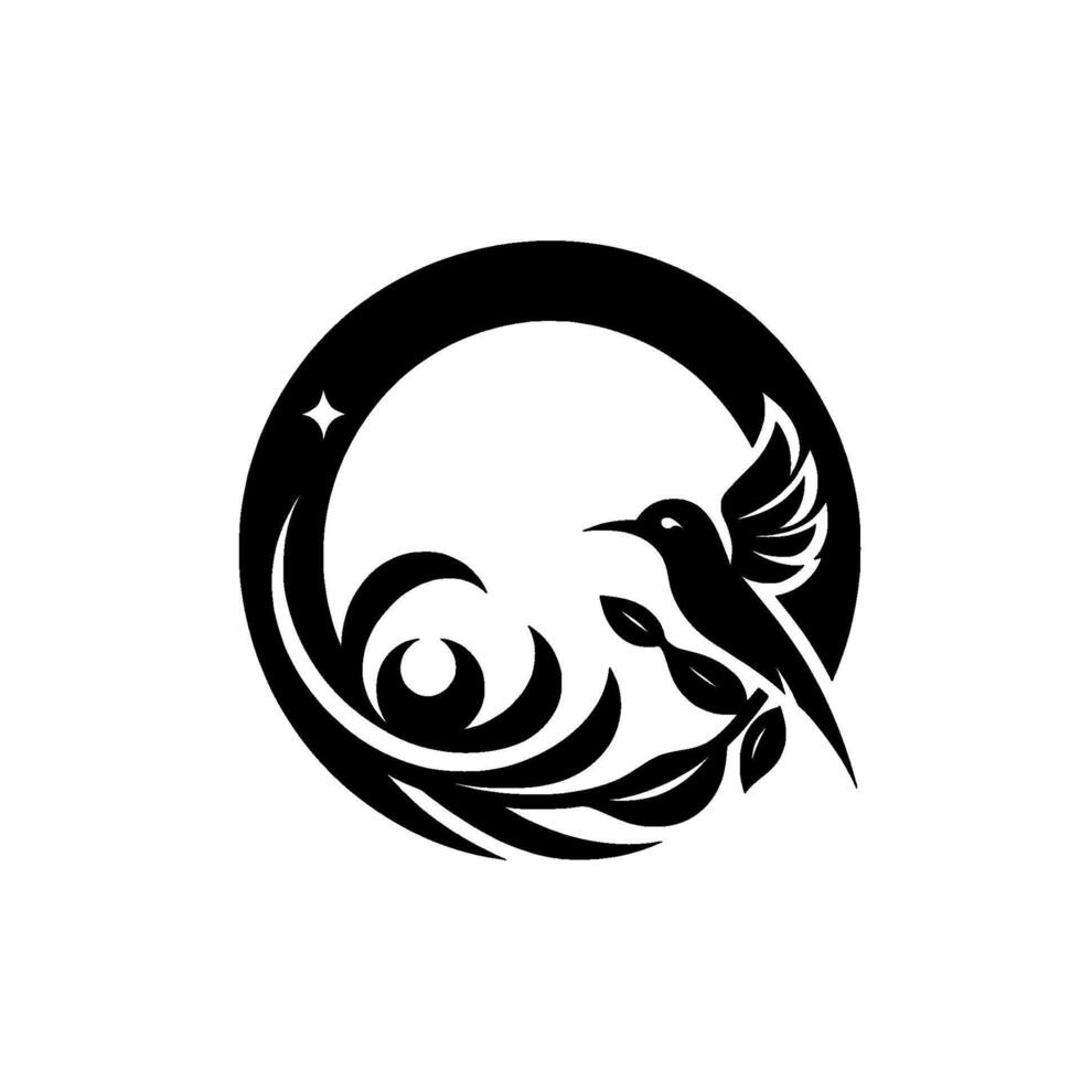 Elegant monochrome featuring a hummingbird perched on leafy branches within a circular frame, complemented by floral elements and a star on a clean white background. vector