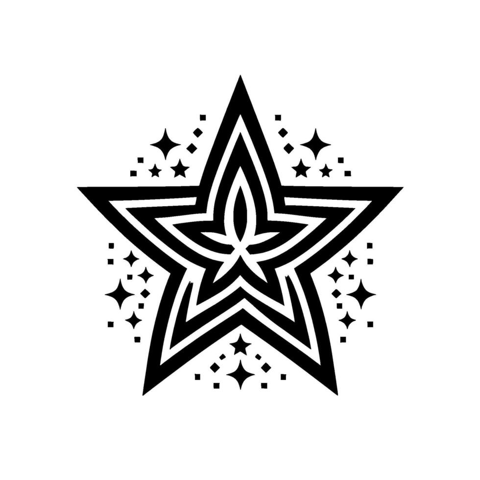 A minimalist, geometric black and white star featuring concentric star outlines and surrounding sparkles, evoking a sense of modern elegance and celestial wonder. vector