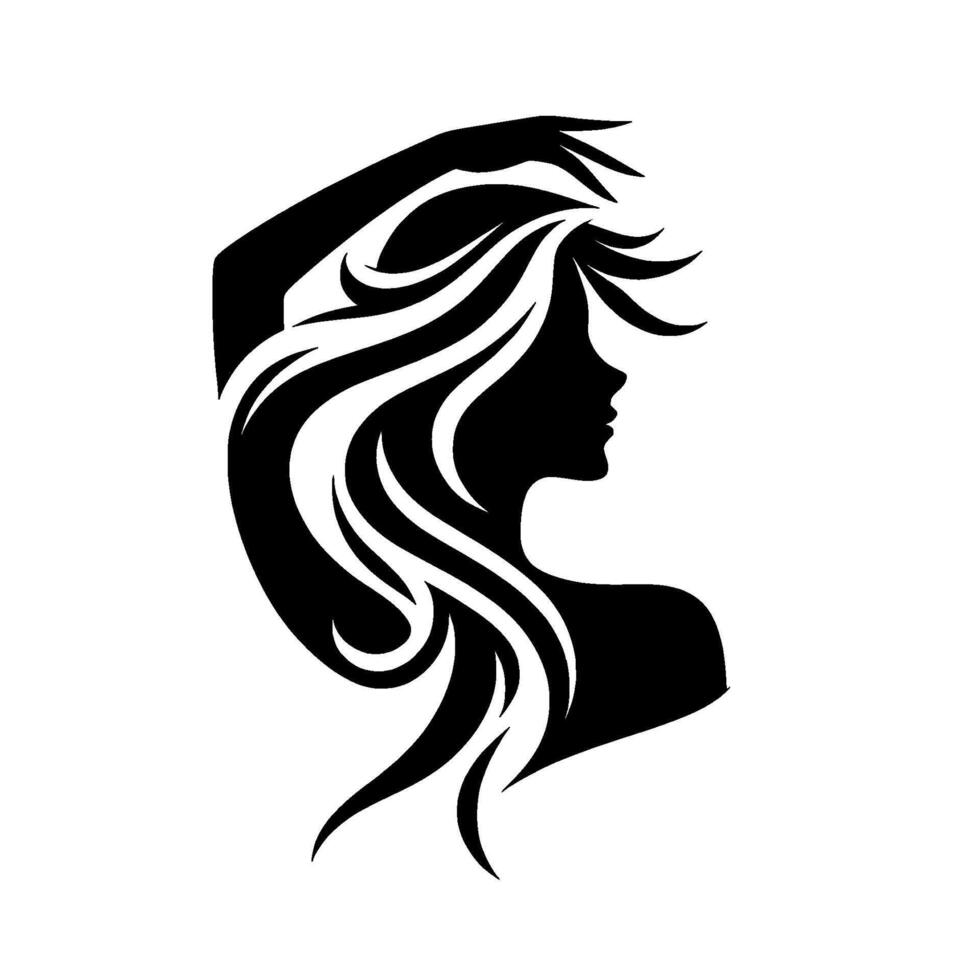 Silhouette of a woman with flowing hair and hand raised, elegant black and white on a clean white background. vector