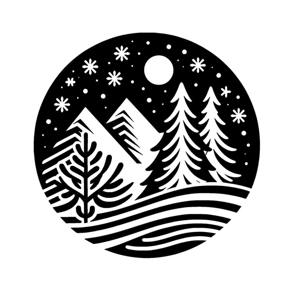 A winter landscape in a black and white circle with a snowy night sky, mountains, and evergreen trees. vector