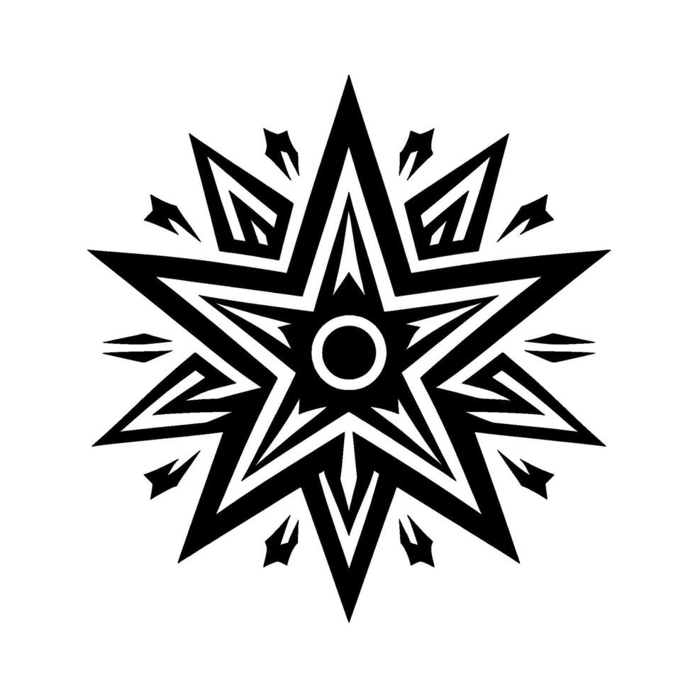 Intricate black and white geometric starburst on a white backdrop, featuring multiple layers, sharp angles, and a central circle. vector