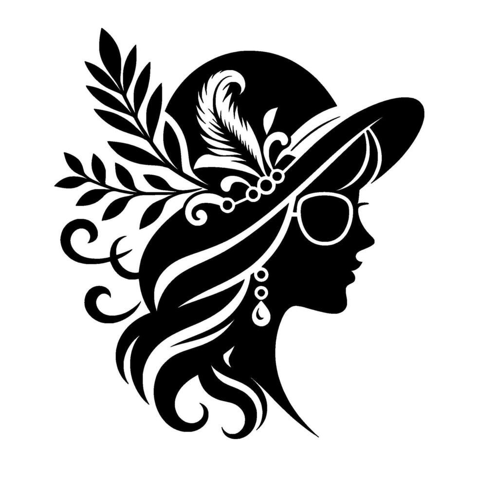 Elegant silhouette a stylish woman with sunglasses and a decorated hat, adorned with feather, leaves, and an earring, representing classic beauty and sophistication. vector