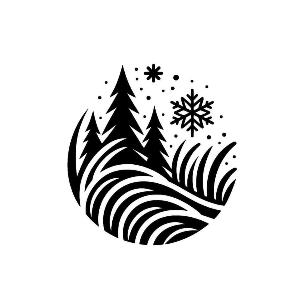 Black and white winter scene with stylized pine trees, grass, snowflakes, and dots arranged within a circular frame, creating a minimalist and elegant design. vector