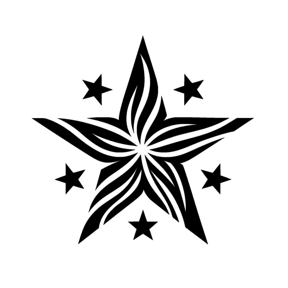 Intricate black star tattoo with textured center and six smaller star accents on white backdrop, representing geometry and minimalism. vector