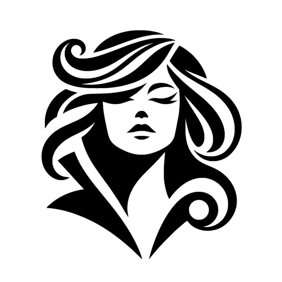A stylized black and white portrait of a woman with flowing hair, closed eyes, and a serene expression, evoking elegance and beauty. vector