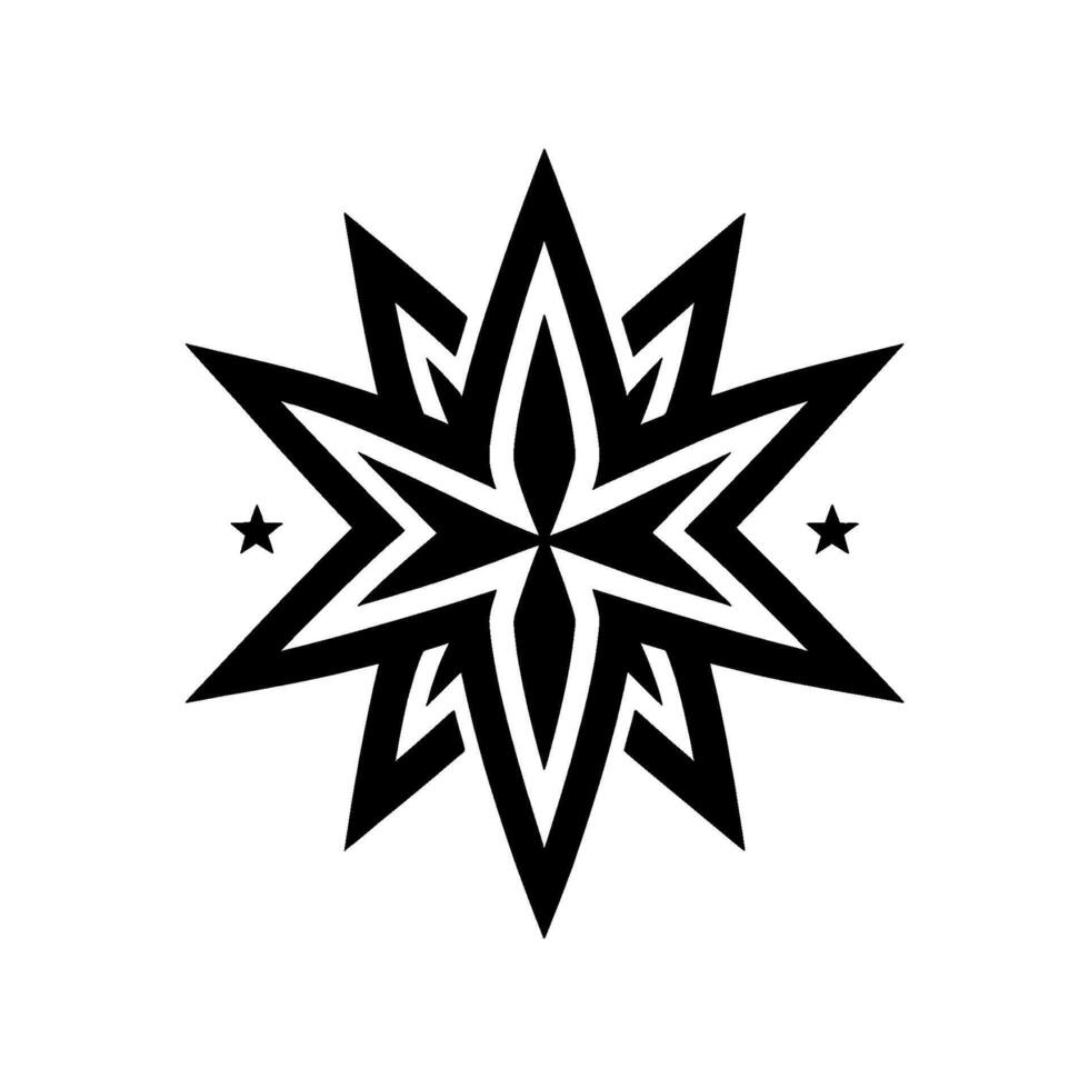 Intricate black and white geometric star with pointed elements and two small accent stars against a clean white background, evoking a sense of balance and symmetry. vector
