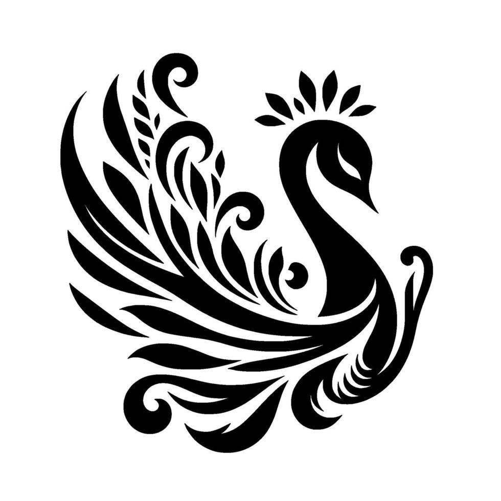 Elegant black and white decorative swan featuring intricate leaf and swirl details, emphasizing a sense of grace and sophistication. vector
