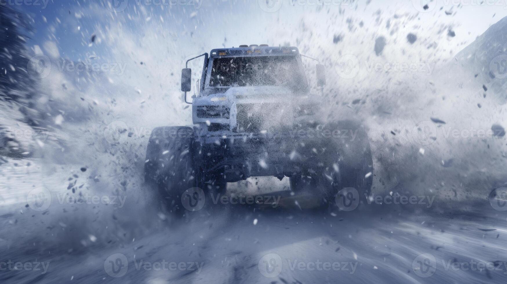 A white truck is driving through a snowstorm photo