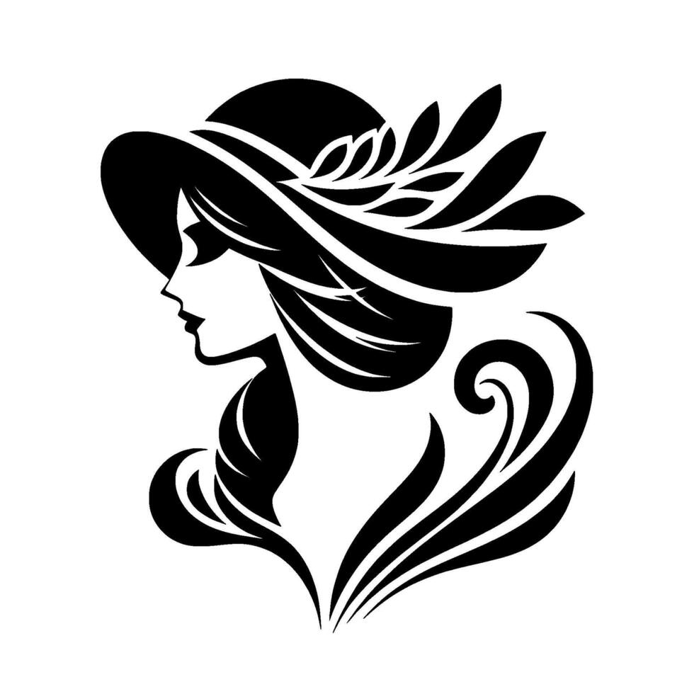 Elegant black silhouette of a woman in a widebrimmed hat adorned with floral elements, against a clean white background. vector