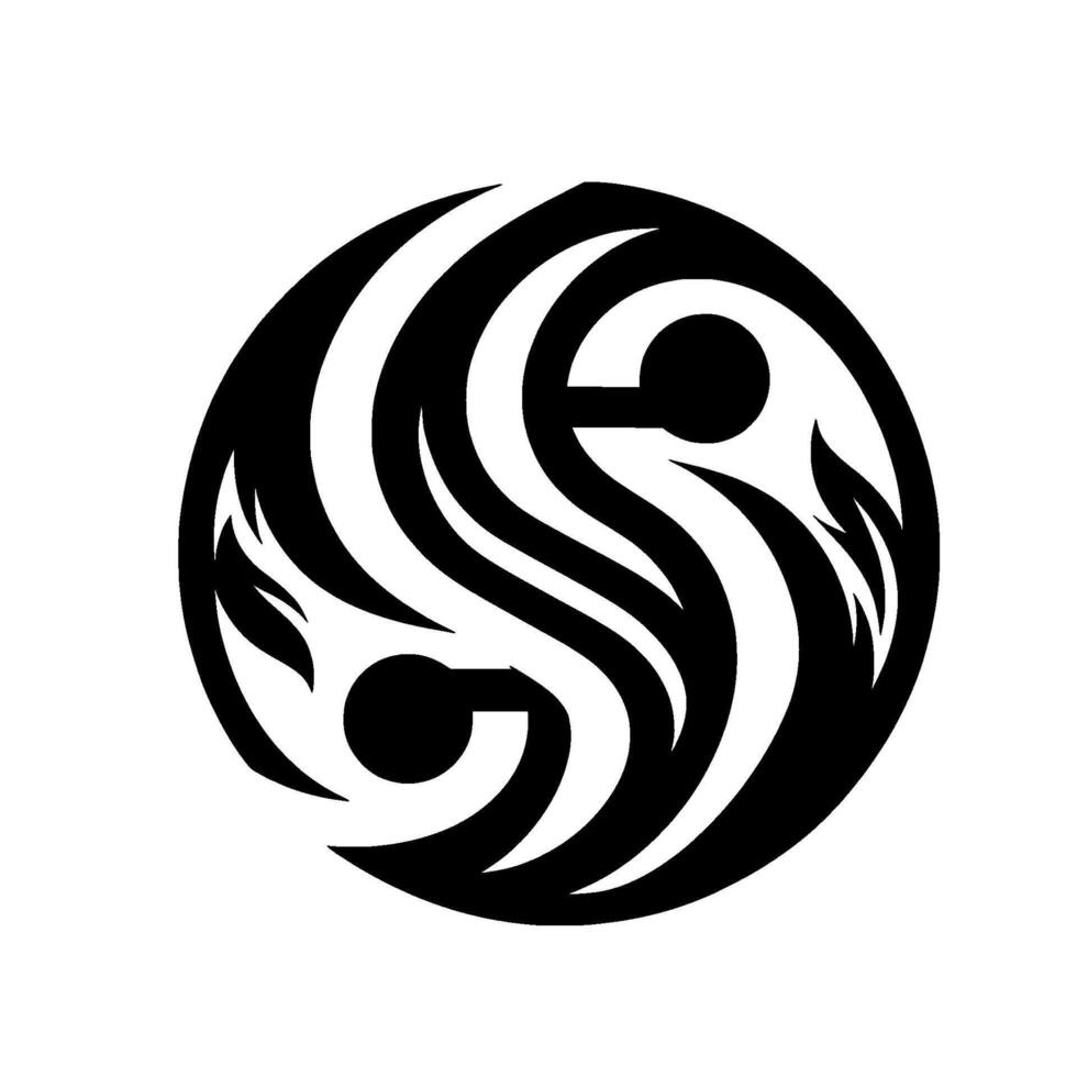 Bold, black and white circular design, featuring abstract swirls and shapes resembling stylized birds, in a modern and minimalist composition. vector