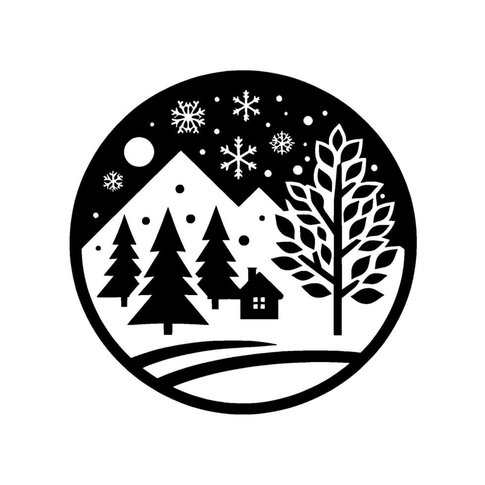 Serene winter scene a circular silhouette depicting snowcapped mountains, pine trees, a cozy cabin, and a leafless tree, under falling snowflakes and moon. vector