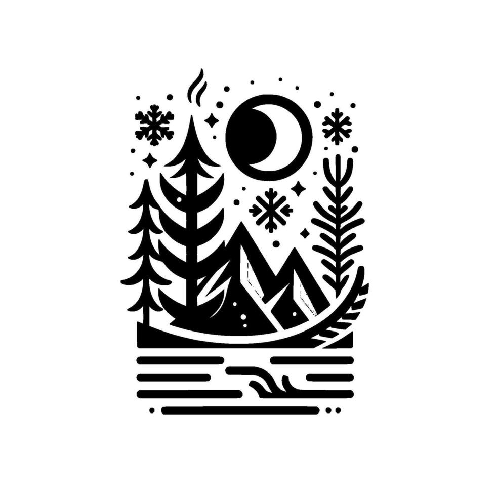 A minimalist, stylized black and white illustration depicting a winter landscape with mountains, trees, a crescent moon, snowflakes, and a sense of serene solitude. vector