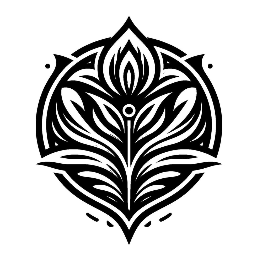Intricate symmetrical black and white botanical within a circle, resembling a stylized flower or ornate emblem, set against a clean white background. vector