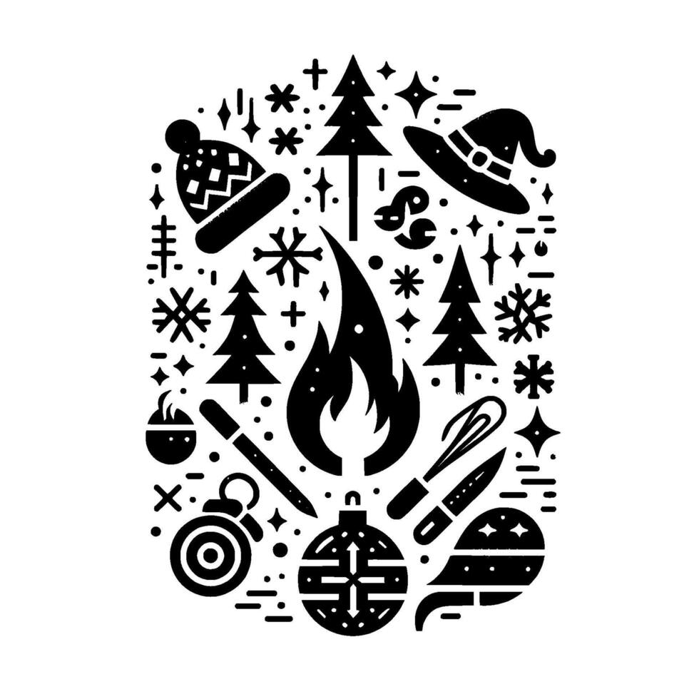 Festive winter silhouette a circular arrangement of black and white christmas symbols, cozy elements, and baking tools, evoking holiday cheer. vector