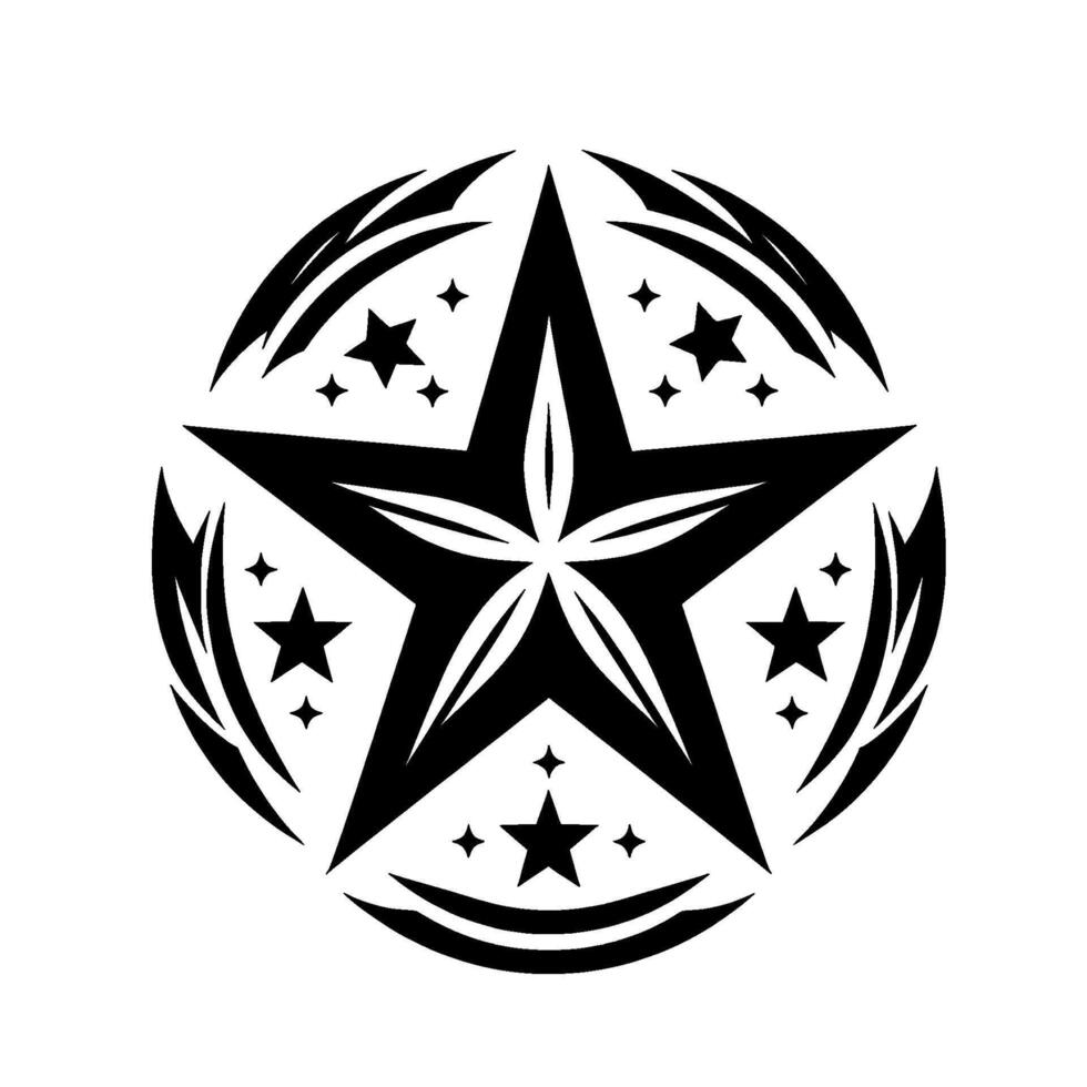 A symmetrical monochrome illustration features a large, fivepointed star, encompassed by a circular arrangement of accents, embedded with smaller stars. vector