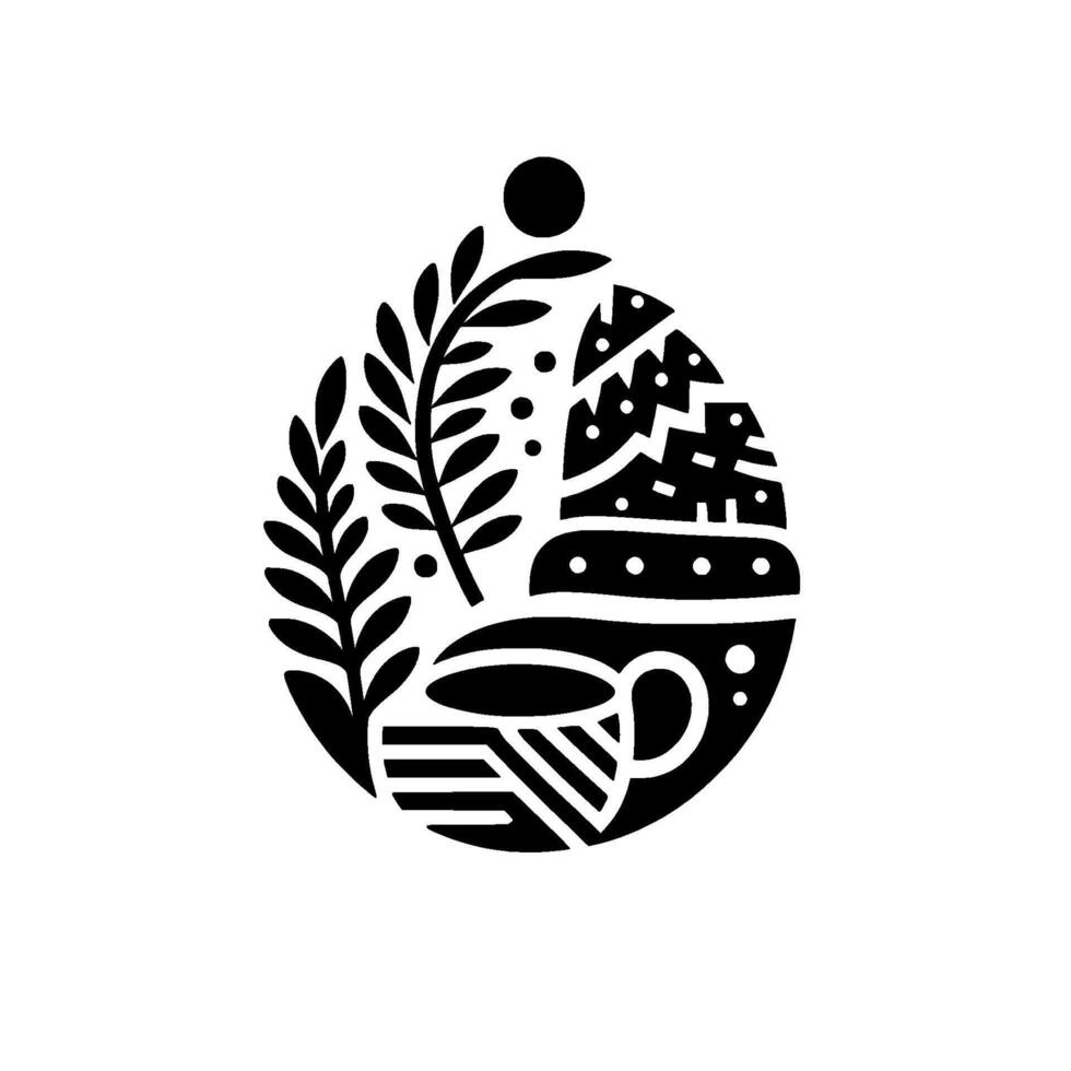 A minimalist, black and white illustration depicting a cozy scene a cup of coffee, a winter hat, and sprigs of foliage, arranged within an oval. vector