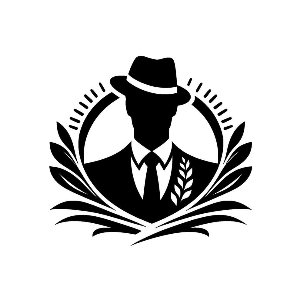 A stylish black and white depicting a silhouetted man in a fedora and suit, framed by a laurel wreath and wheat sprig, signifying strength, professionalism, and elegance. vector