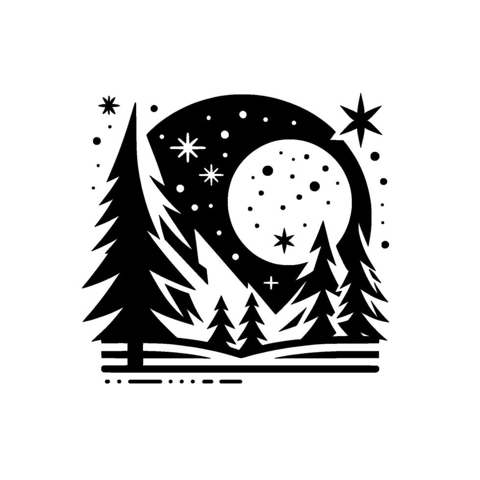 Black and white winter night scene with full moon, pine trees, stars, and decorative snowflakes, simple silhouette illustration. vector