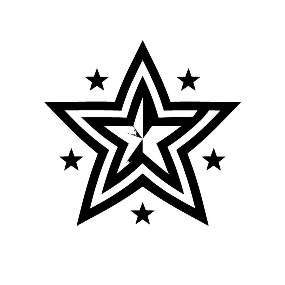 A striking geometric featuring a layered, starshaped graphic, presented in shades of gray and black against a bright white background, with orbiting smaller stars. vector