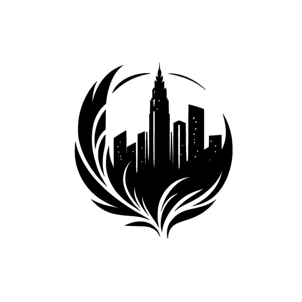 Dramatic monochrome cityscape silhouette, featuring tall skyscraper centerpiece surrounded by stylized leaflike elements, all contained within a circular design. vector