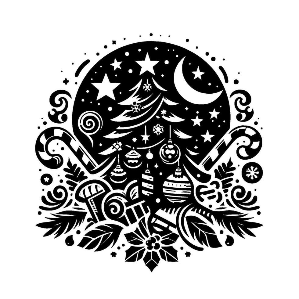 Festive monochrome christmas ornament with stylized tree, ornaments, candies, stars, moon, and decorative elements, a joyful seasonal celebration. vector