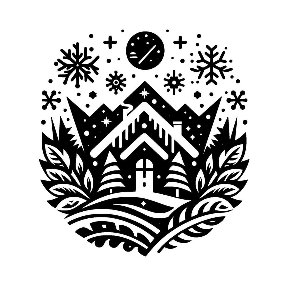 Intricate winter wonderland illustration a black and white circle composition of a cozy house, snowy landscape, and celestial elements. vector
