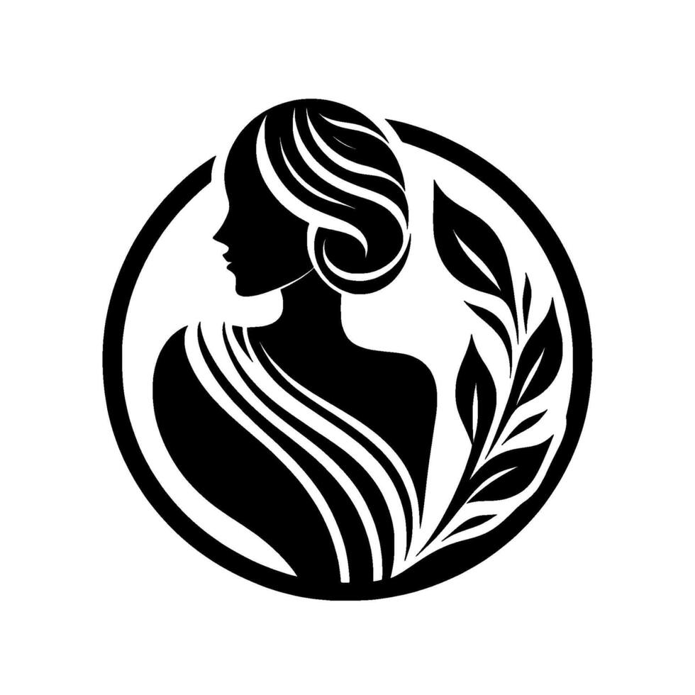 Elegant silhouette of a woman in profile, framed by a circle and foliage, a minimalist monochromatic depiction. vector