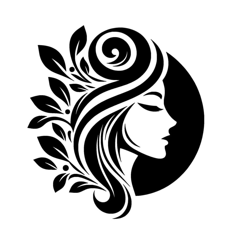 Elegant black and white silhouette of a womans profile with flowing hair and floral accents, set against a black circle, evoking beauty and serenity. vector