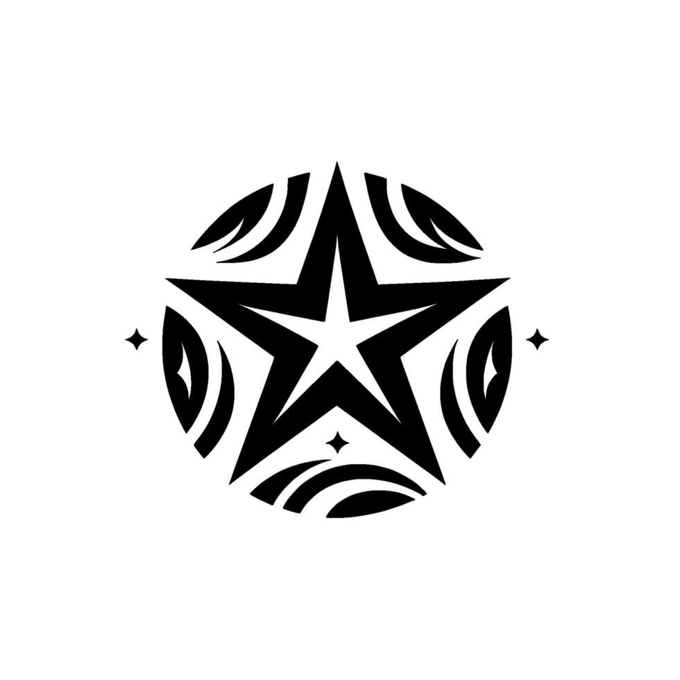 Circular emblem a bold black star within a decorative, stylized circle with small accents on a clean white background. vector