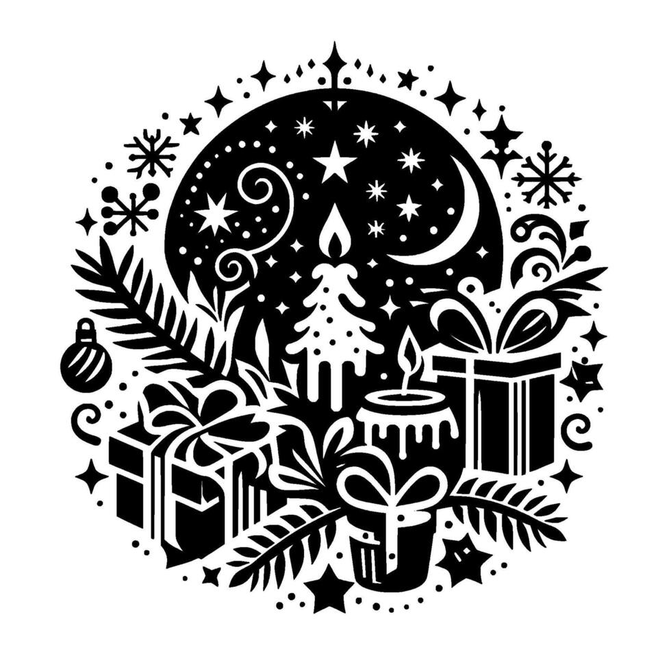 A symmetrical, black and white holiday illustration featuring a stylized christmas tree, gifts, candles, snowflakes, and stars within a circular frame, reminiscent of a winter night scene. vector