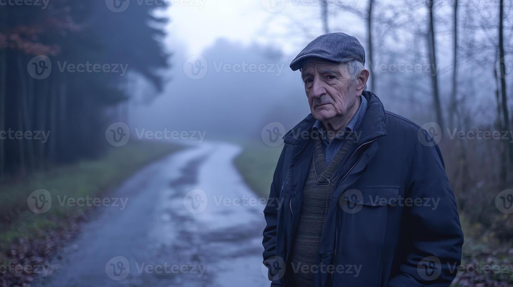 A solitary gentleman stands on a misty road, enveloped by tall trees, as the early morning light creates an eerie ambiance photo