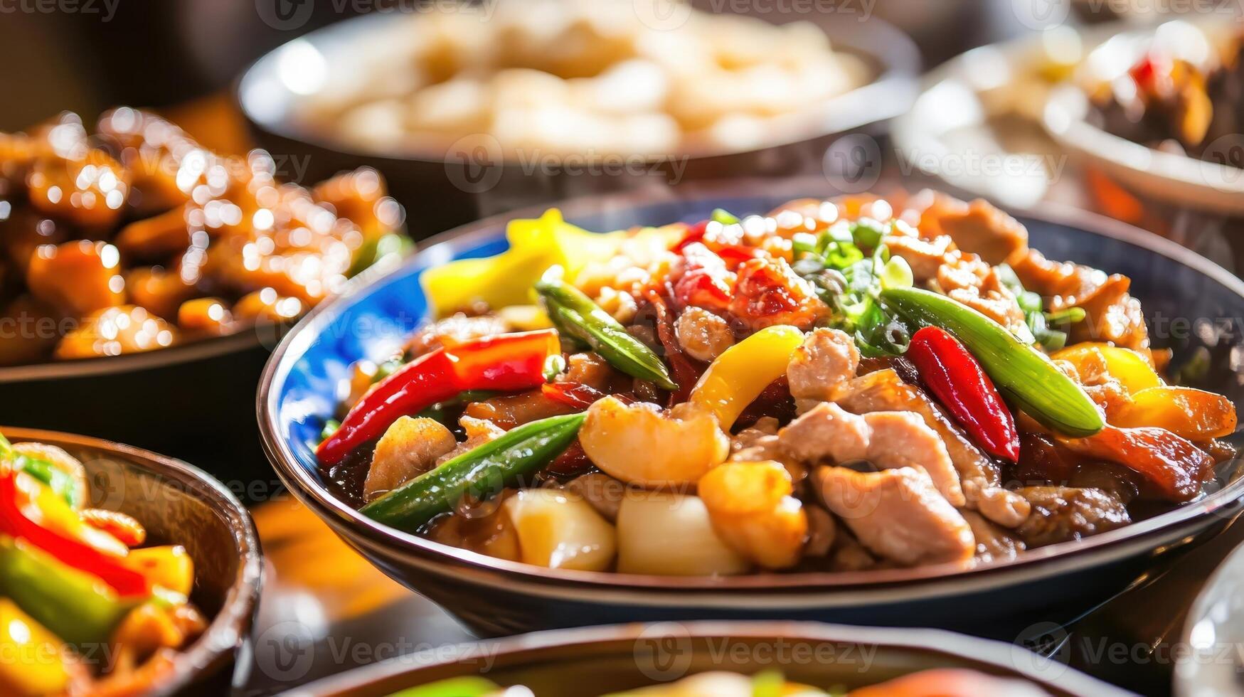 Delicious stir-fried vegetables and chicken served in a colorful bowl at a bustling dining table during a family meal photo