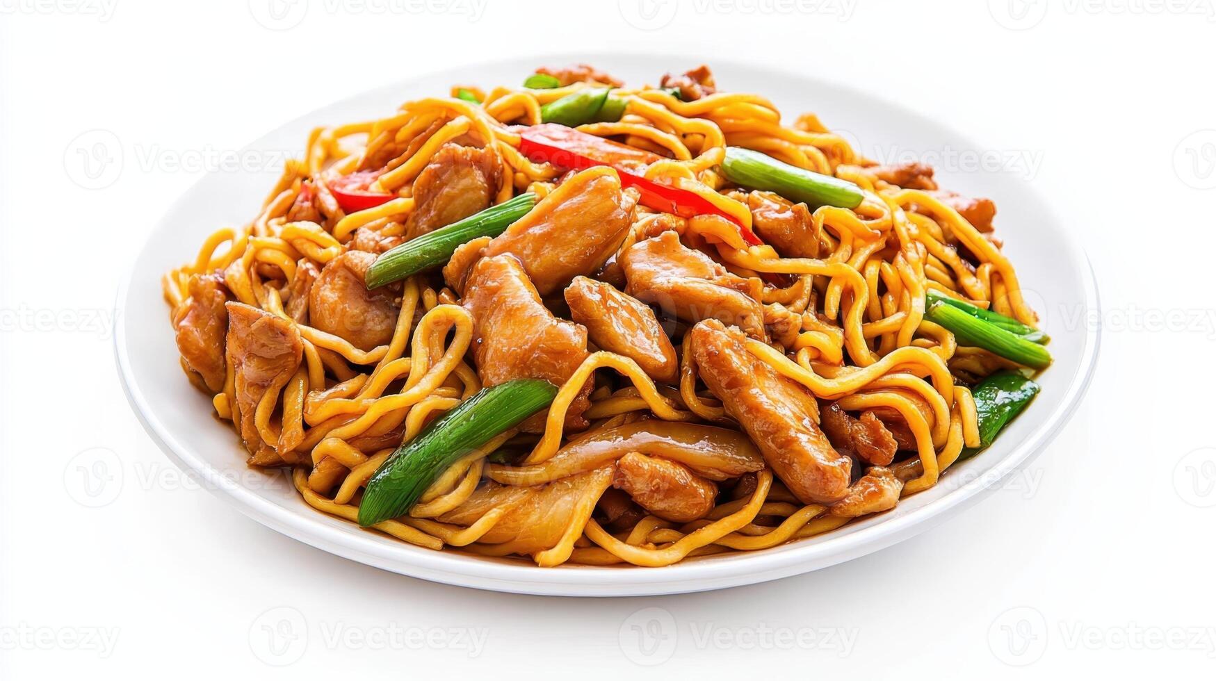 Savory chicken lo mein served on a white plate with colorful vegetables and noodles in a vibrant kitchen setting photo